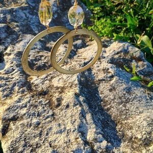 Vintage, 1990s, large brushed gold tone hoop earrings w crystal accent, gypsy